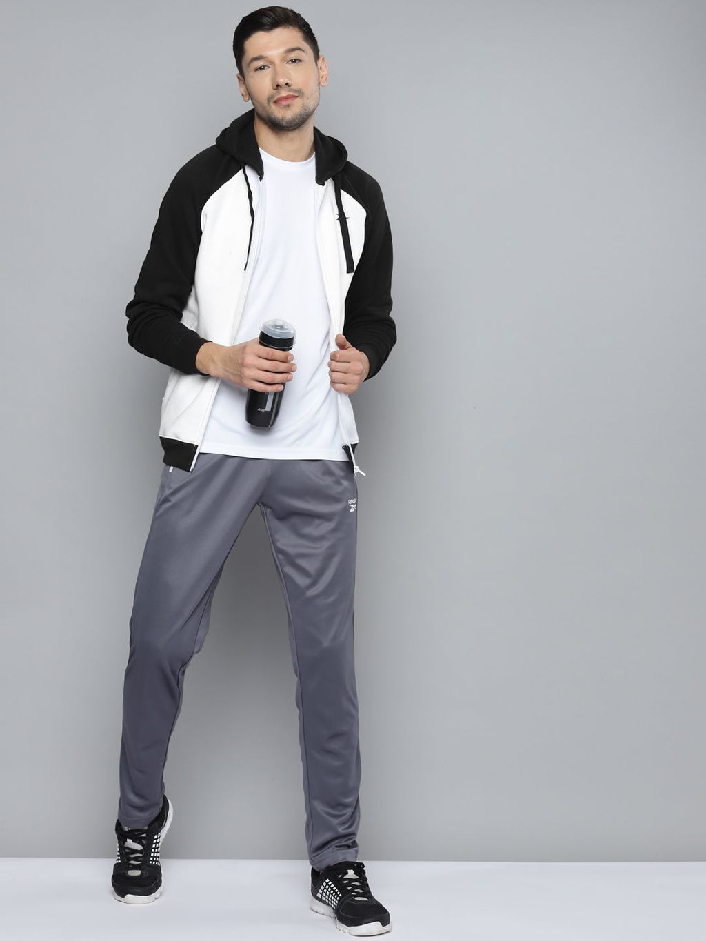  Reebok Men White & Black Solid Performance Hooded Sweatshirt