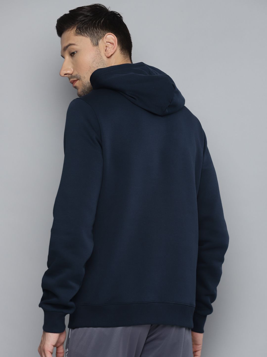  Reebok Men Navy Blue Brand Logo Print FLC OTH Hooded Sweatshirt