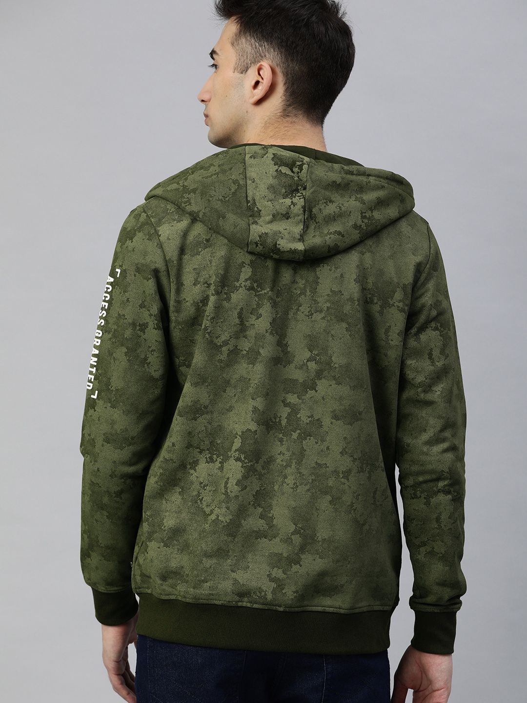  WROGN Men Olive Green Camouflage Printed Hooded Sweatshirt