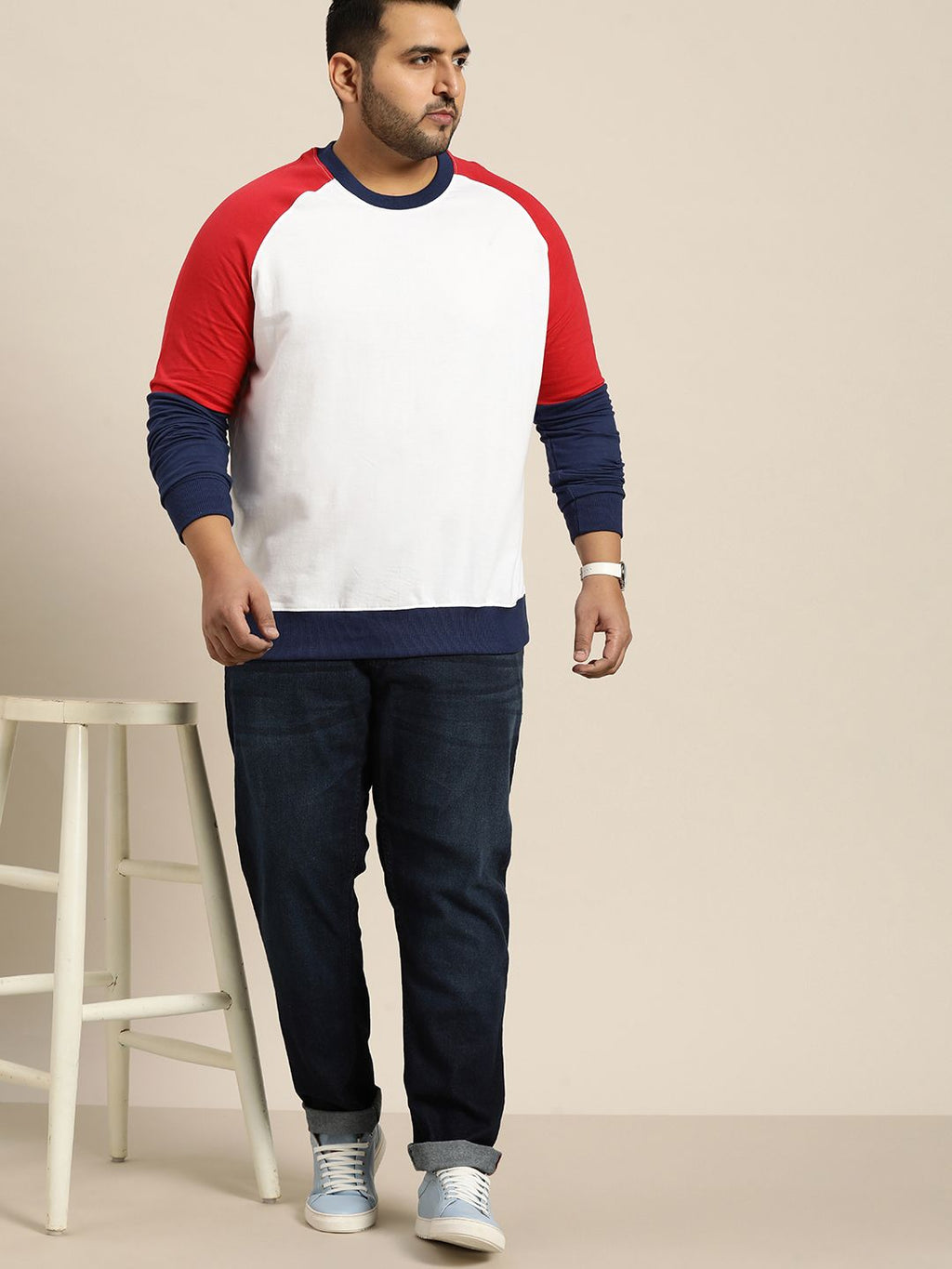  Sztori Plus Size Men White & Red Pure Cotton Solid Sweatshirt