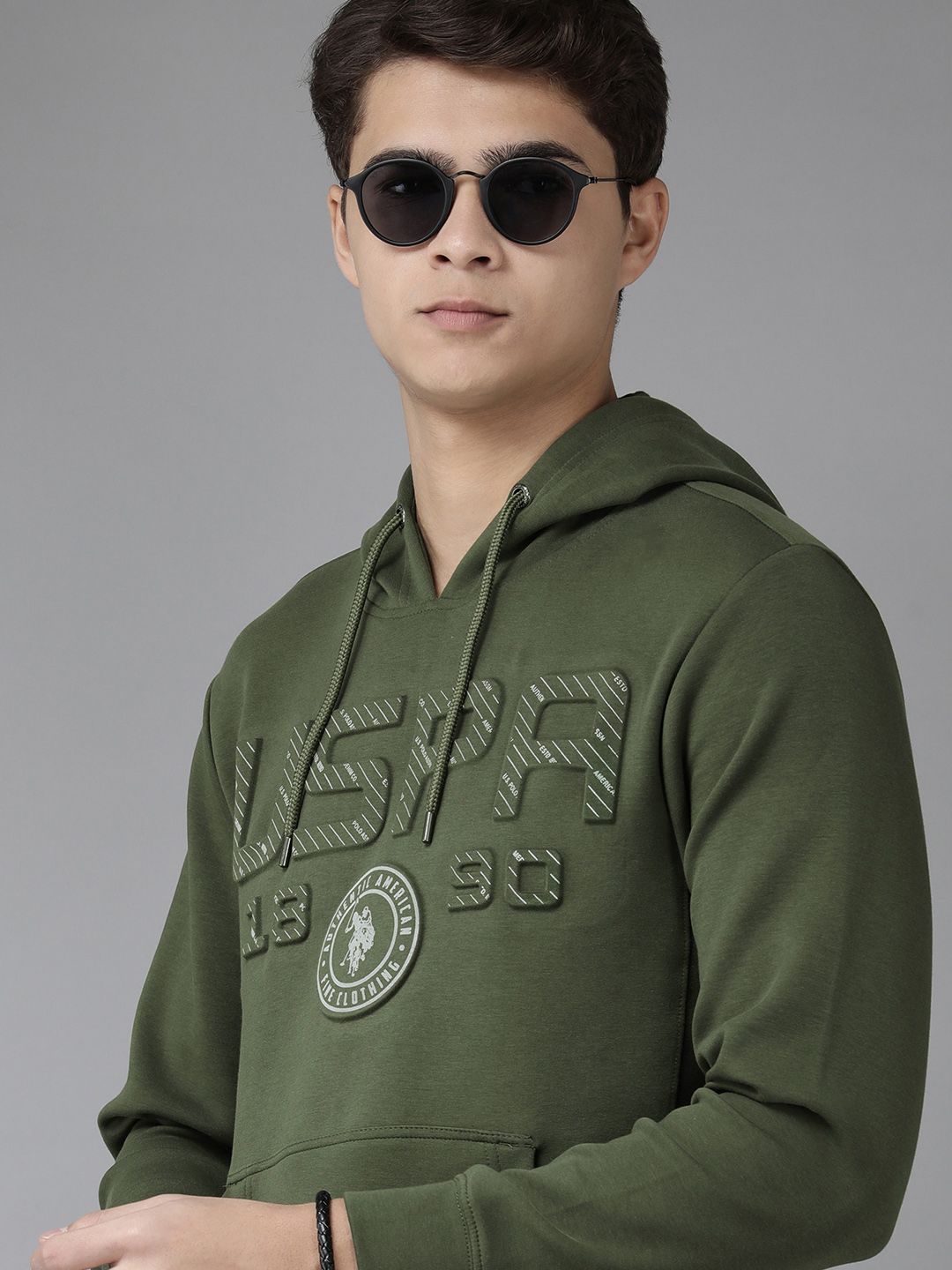  U.S. Polo Assn. Denim Co. Men Green Brand Logo Embossed Hooded Sweatshirt