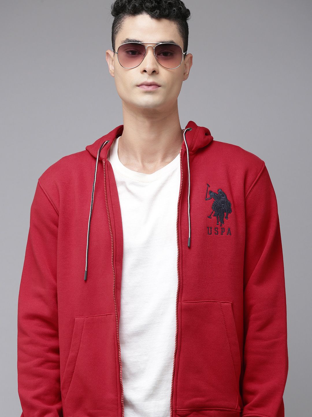 U.S. Polo Assn. U S Polo Assn Men Red Hooded Full Sleeves Front Open Sweatshirt