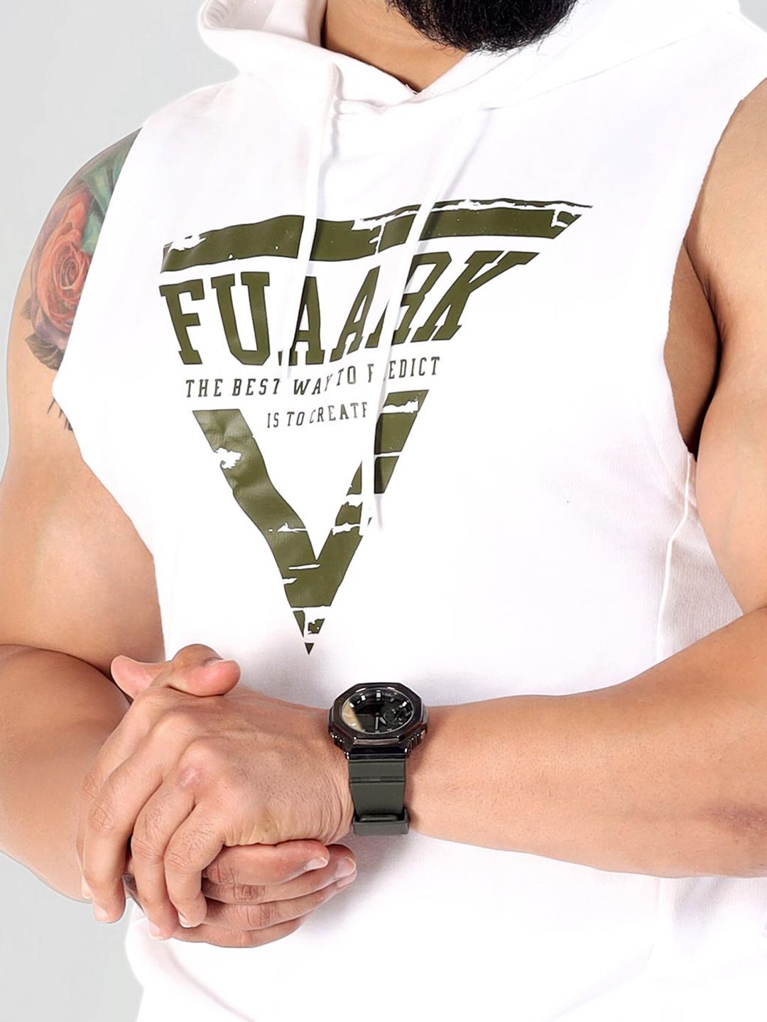  FUAARK Typography Printed Sleeveless Hooded Cotton Sweatshirt