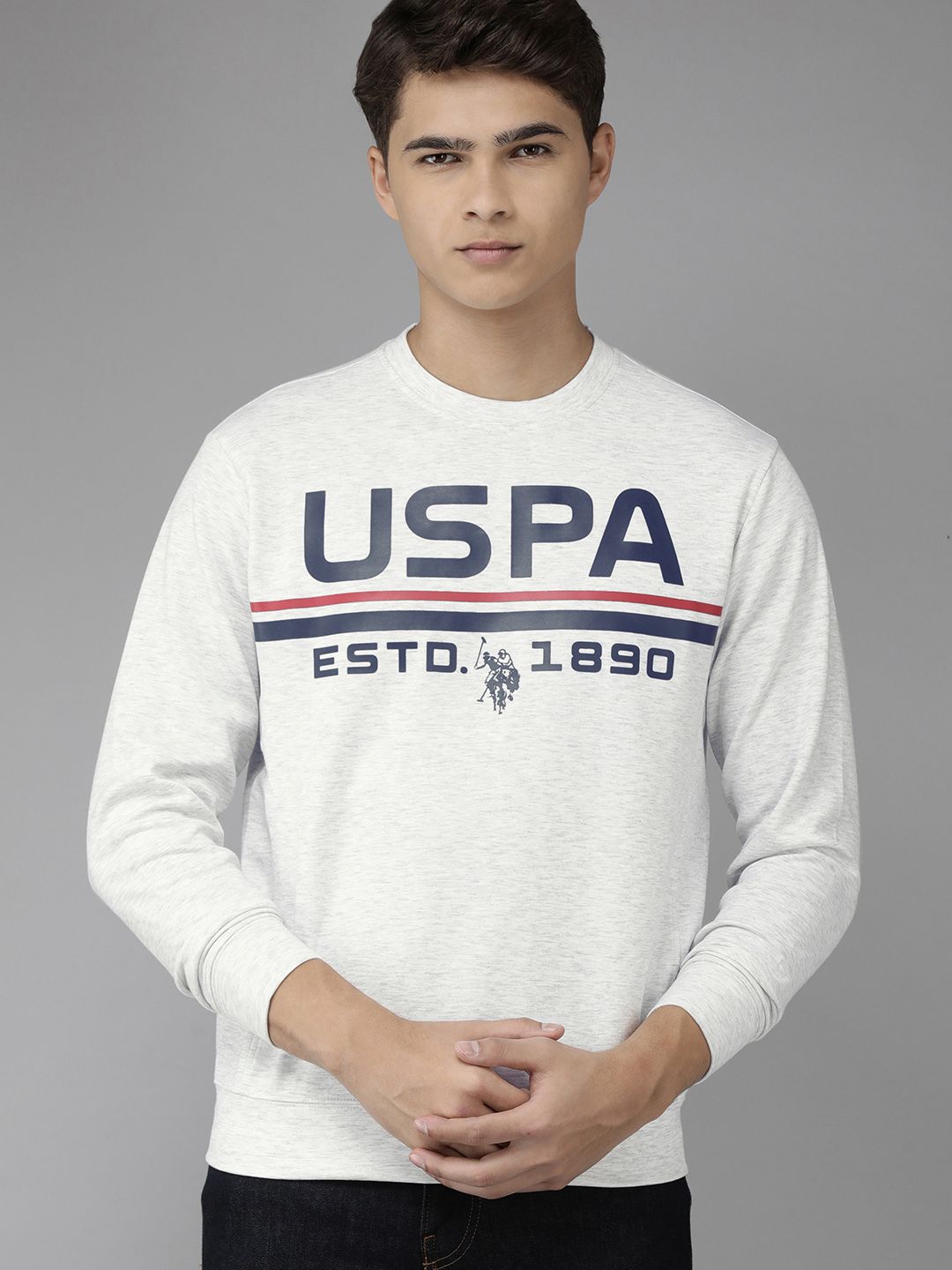 U.S. Polo Assn. U S Polo Assn Men White Brand Logo Printed Round Neck Sweatshirt