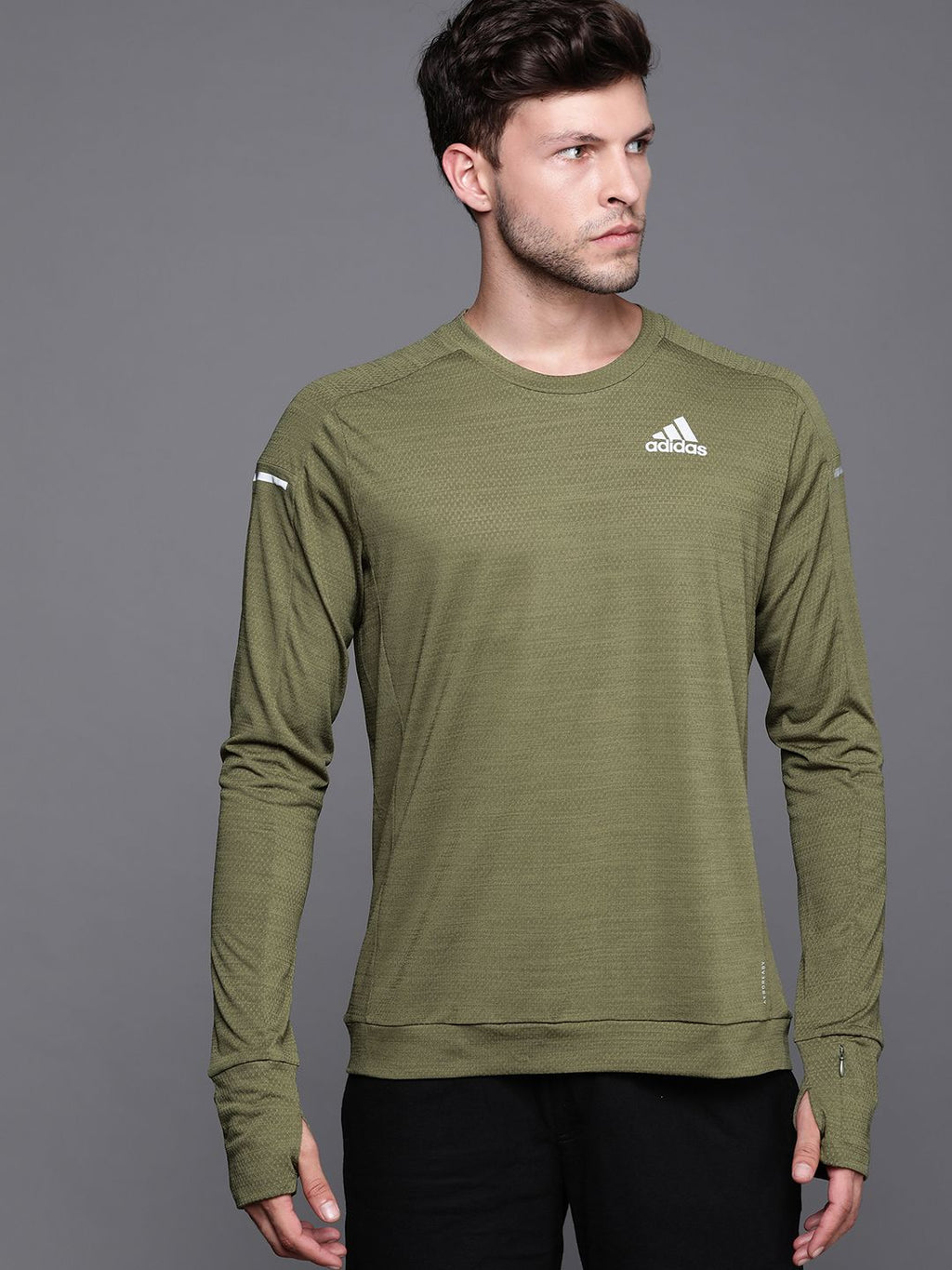  ADIDAS Men Olive Green Self Design Sustainable Sweatshirt