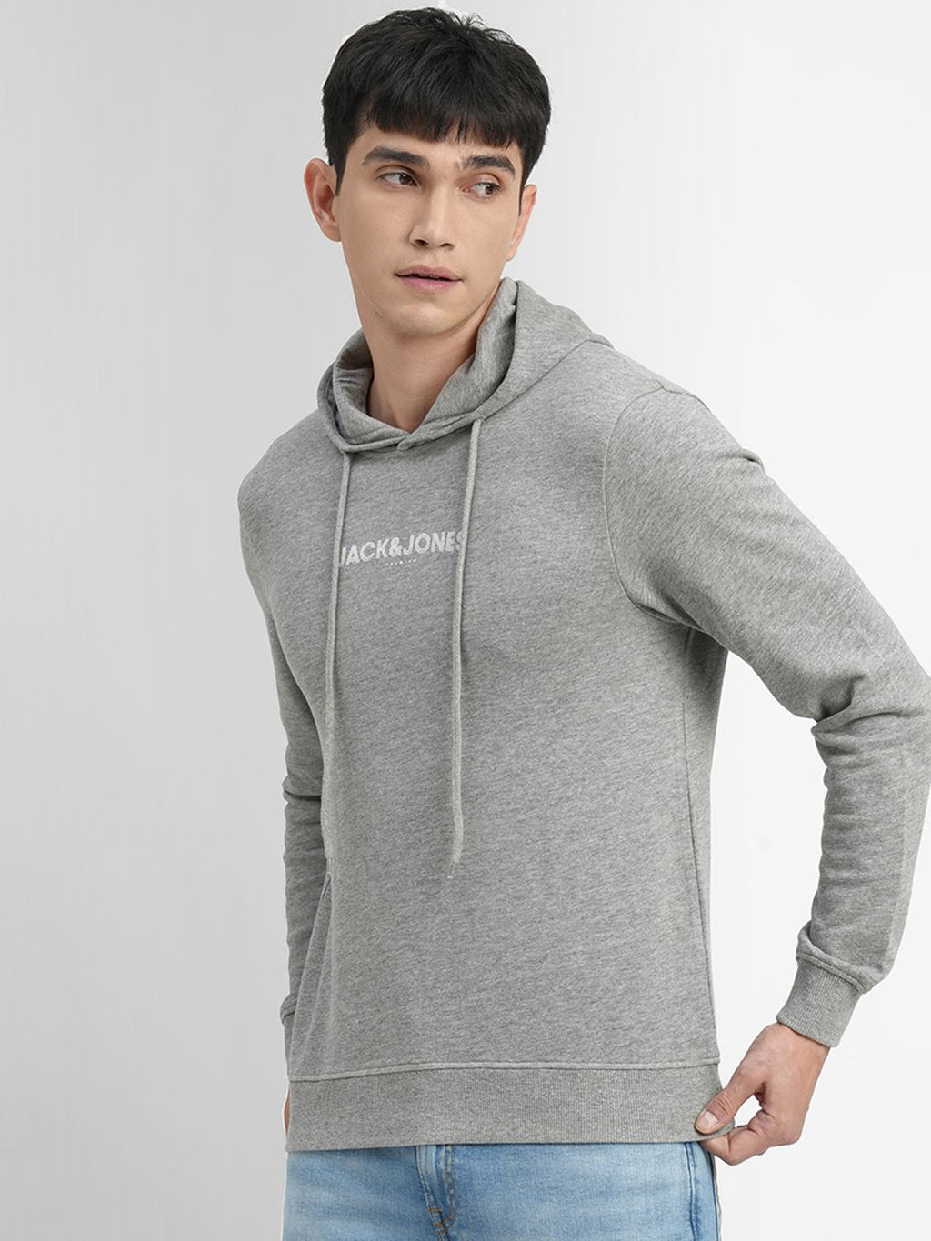  Jack & Jones Men Grey Melange Printed Hooded Sweatshirt