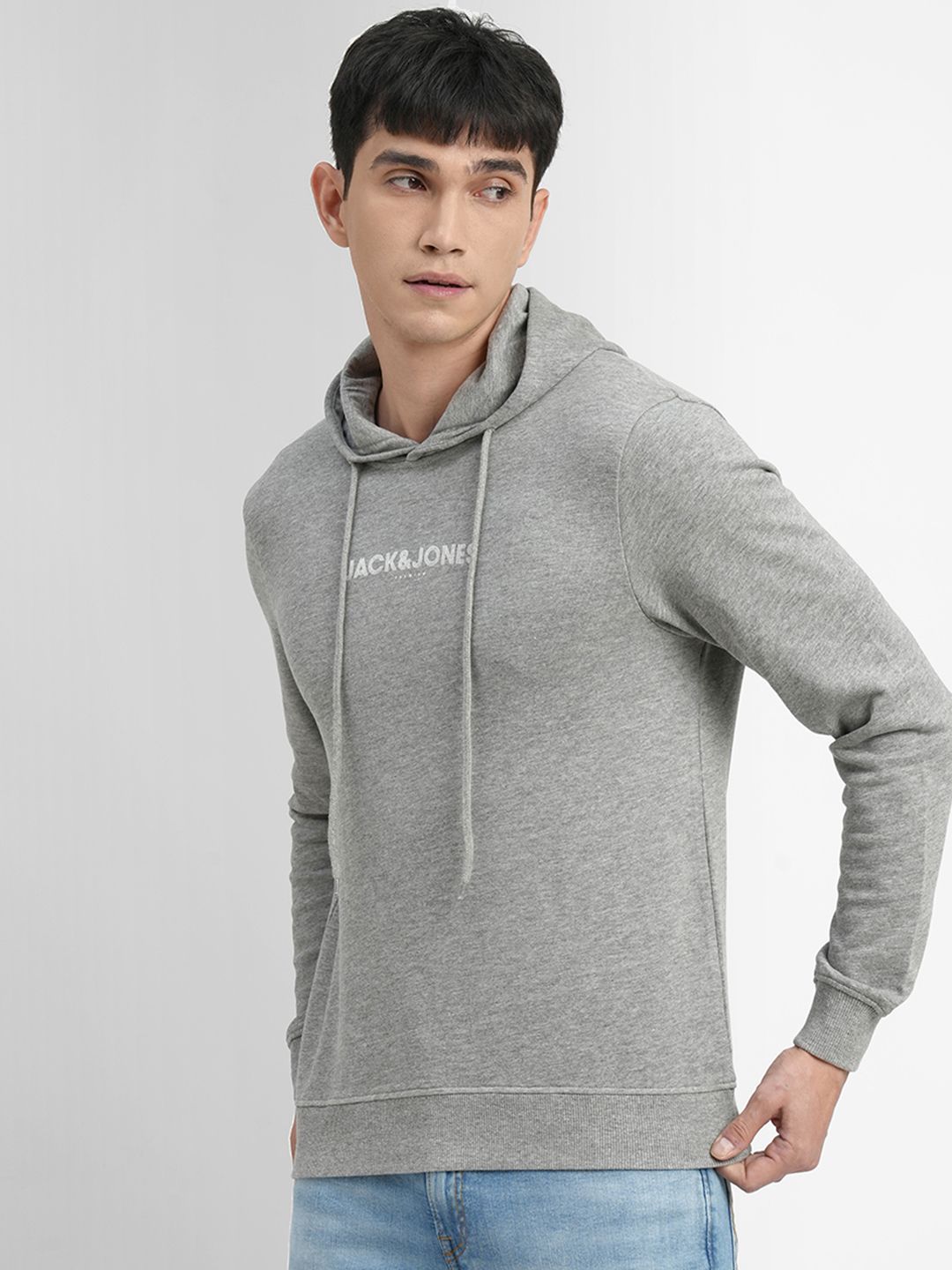  Jack & Jones Men Grey Melange Printed Hooded Sweatshirt