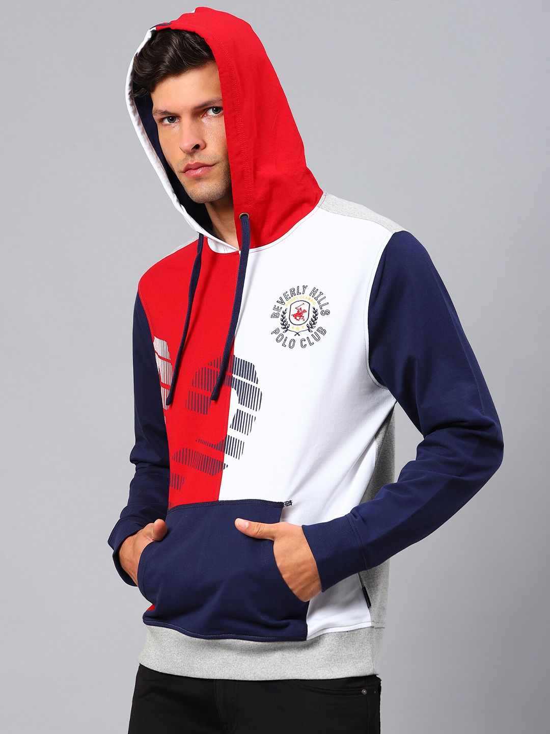  Beverly Hills Polo Club Men Red Colourblocked Hoodie Cotton Sweatshirt