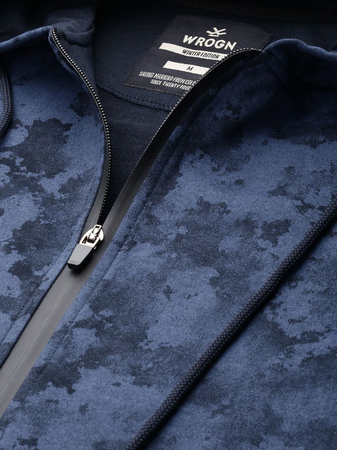  WROGN Men Navy Blue Slim Fit Printed Hooded Sweatshirt