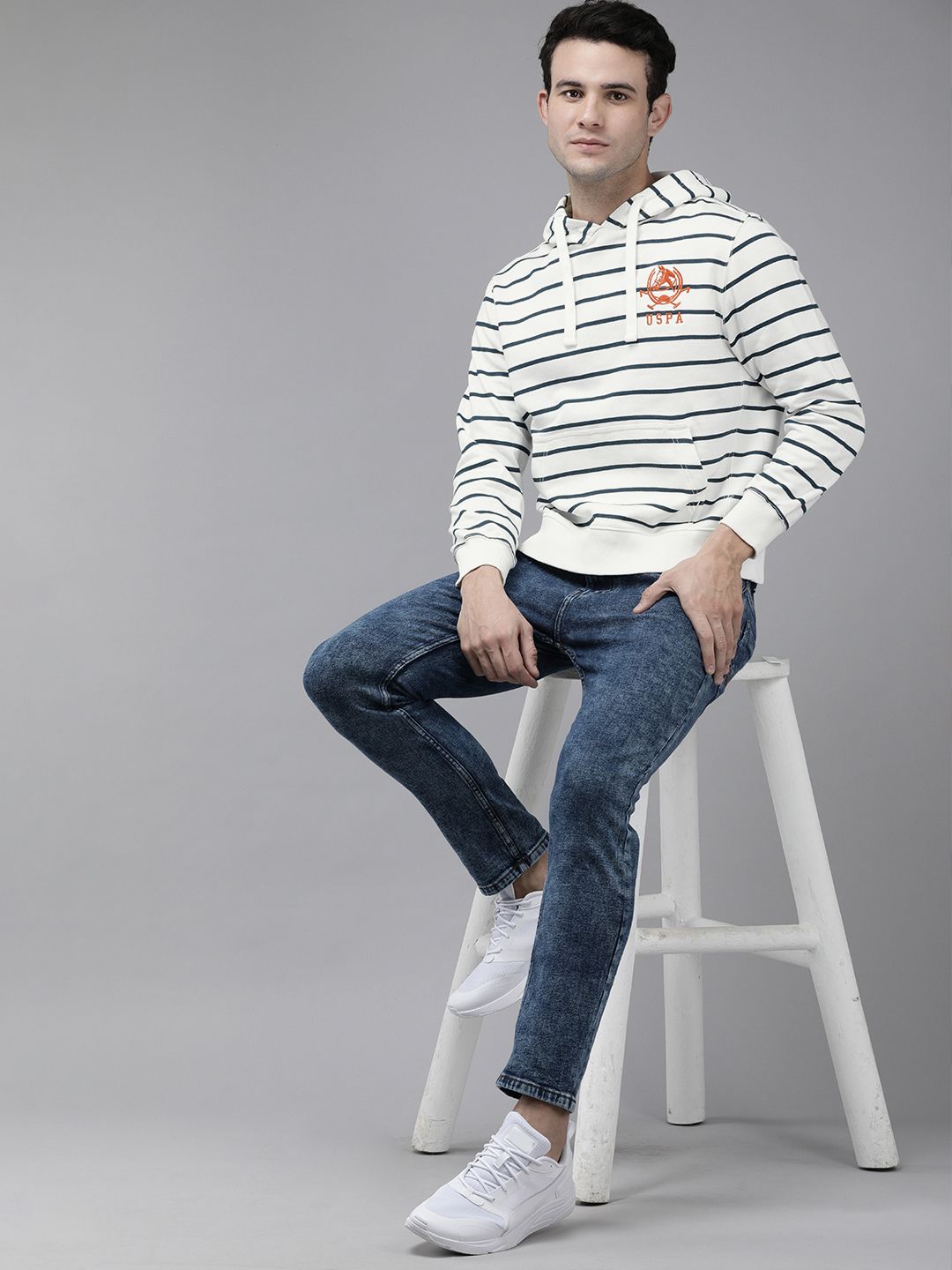 U.S. Polo Assn. U S Polo Assn Men White Striped Hooded Sweatshirt