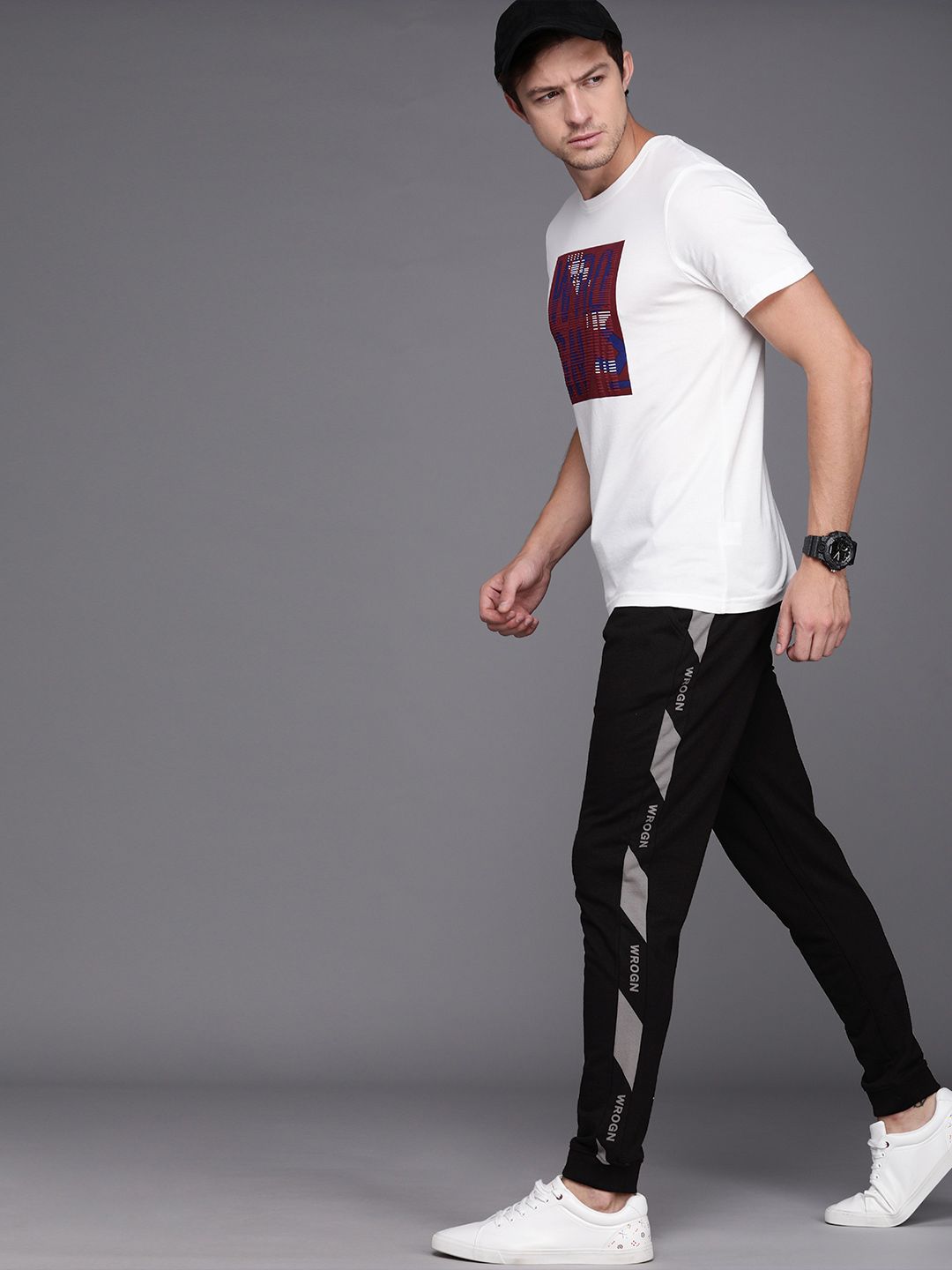  WROGN Men Black Solid Slim Fit Joggers With Printed Side Stripe