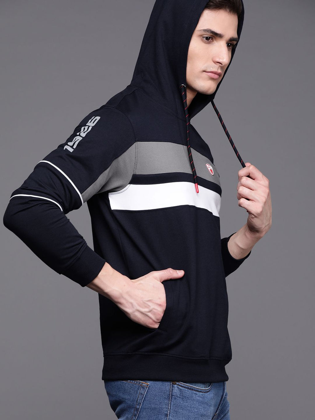  Ducati Men Navy Blue Striped Hooded Sweatshirt