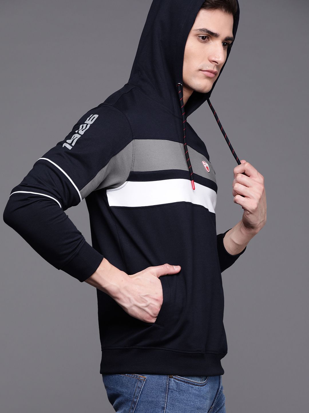  Ducati Men Navy Blue Striped Hooded Sweatshirt