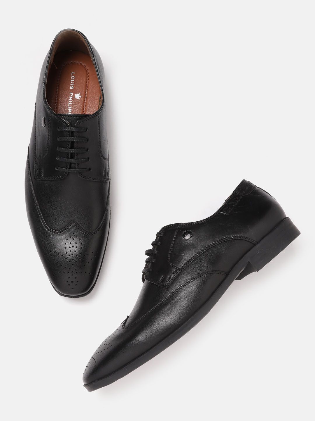  Louis Philippe Men Black Solid Leather Formal Derbys With Perforated Detail