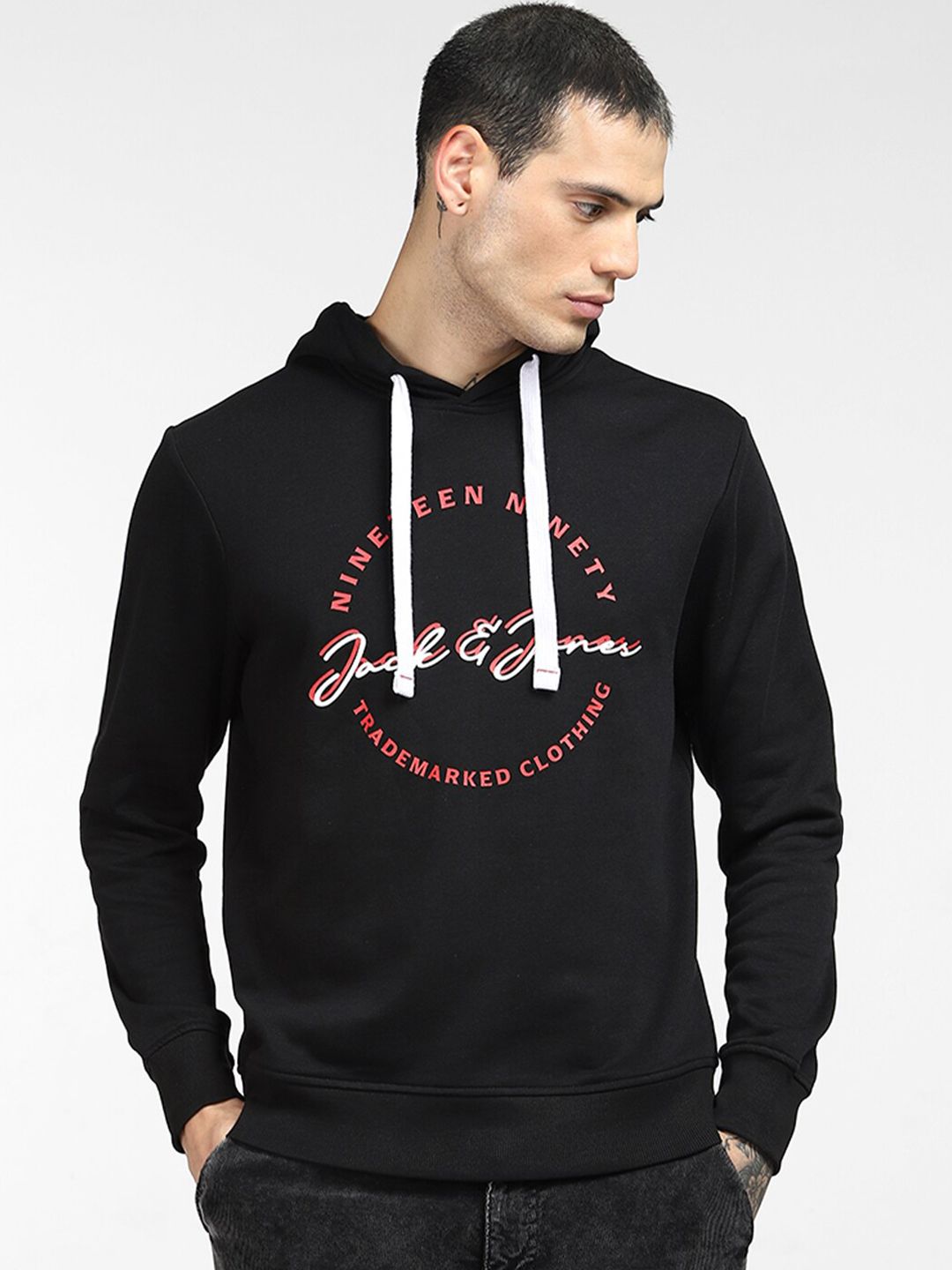 Jack & Jones Men Black Printed Hooded Sweatshirt