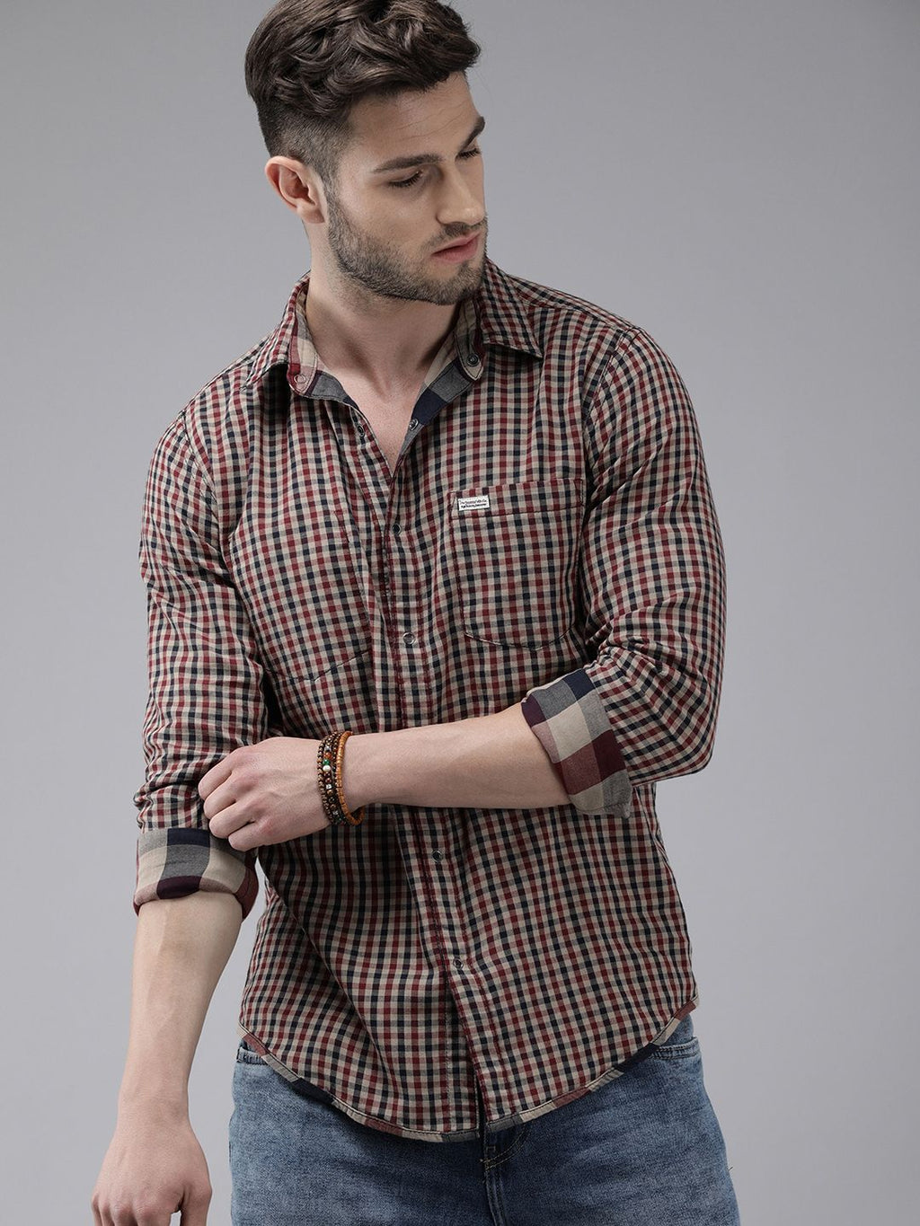  Roadster Men Navy Blue & Red Checked Sustainable Casual Reversible Shirt