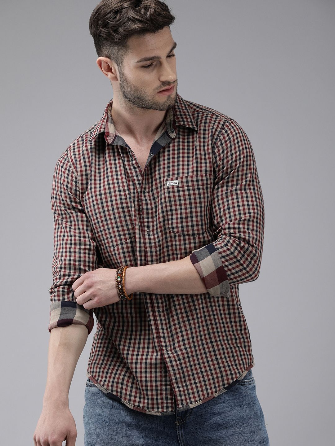  Roadster Men Navy Blue & Red Checked Sustainable Casual Reversible Shirt