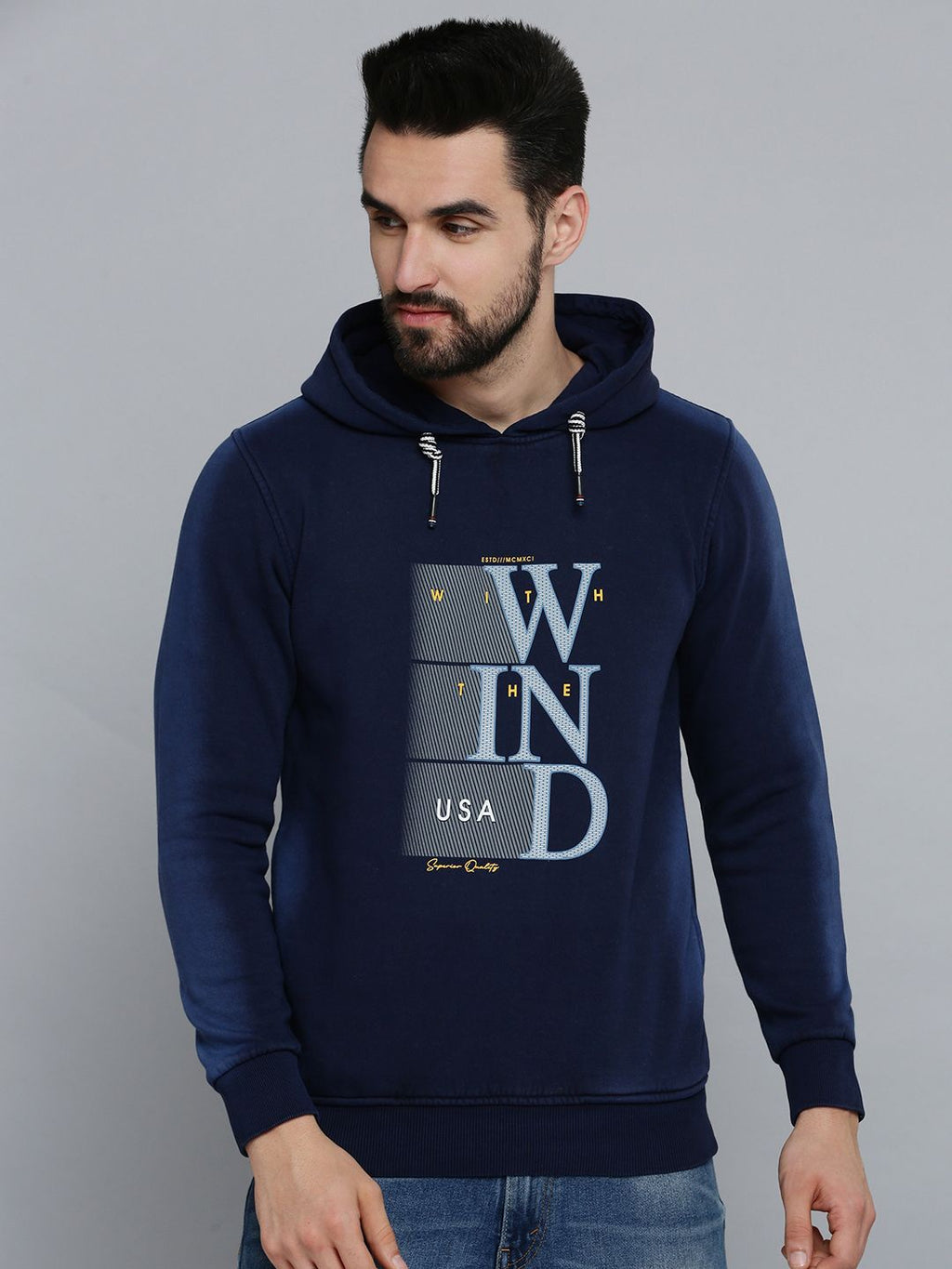  SHOWOFF Men Navy Blue Printed Hooded Cotton Sweatshirt