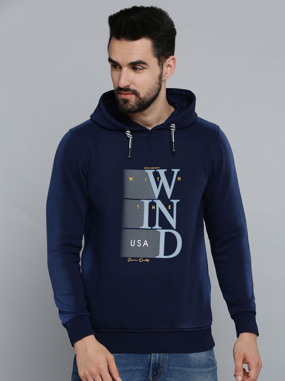  SHOWOFF Men Navy Blue Printed Hooded Cotton Sweatshirt
