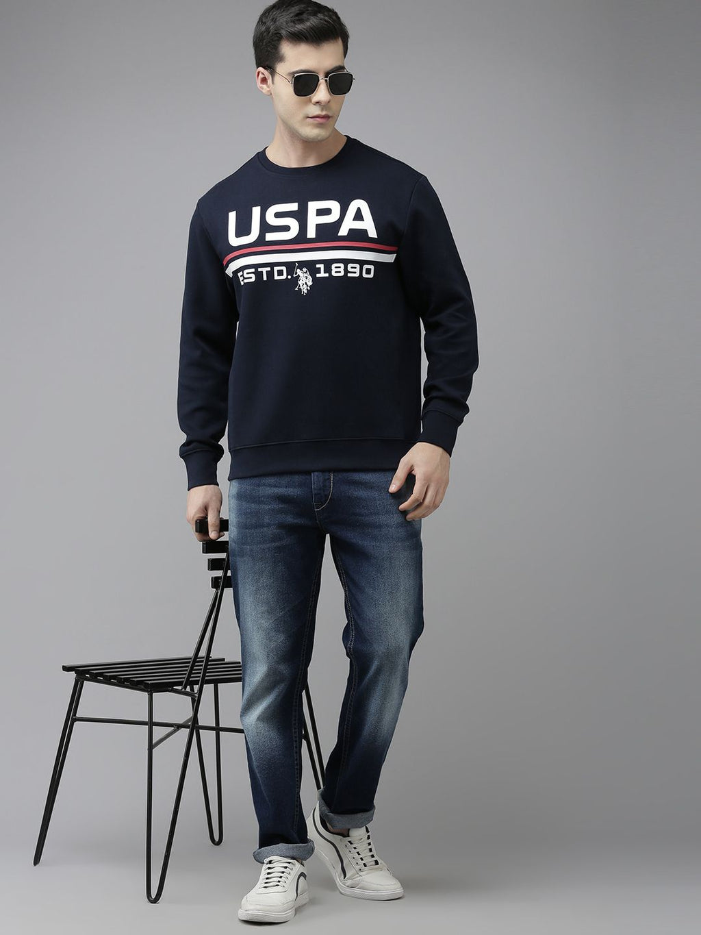 U.S. Polo Assn. U S Polo Assn Men Navy Blue Printed Round Neck Long Sleeves Sweatshirt