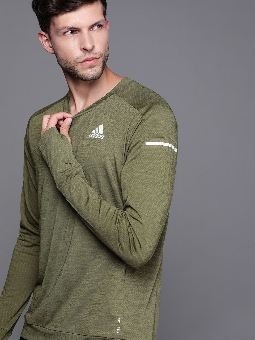  ADIDAS Men Olive Green Self Design Sustainable Sweatshirt