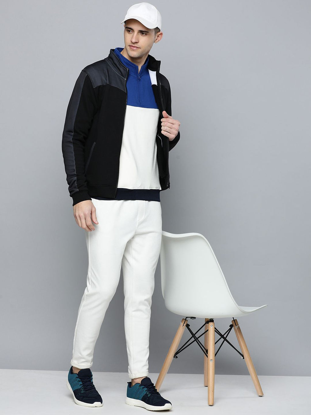  Flying Machine Men Black Colourblocked Front-Open Sweatshirt