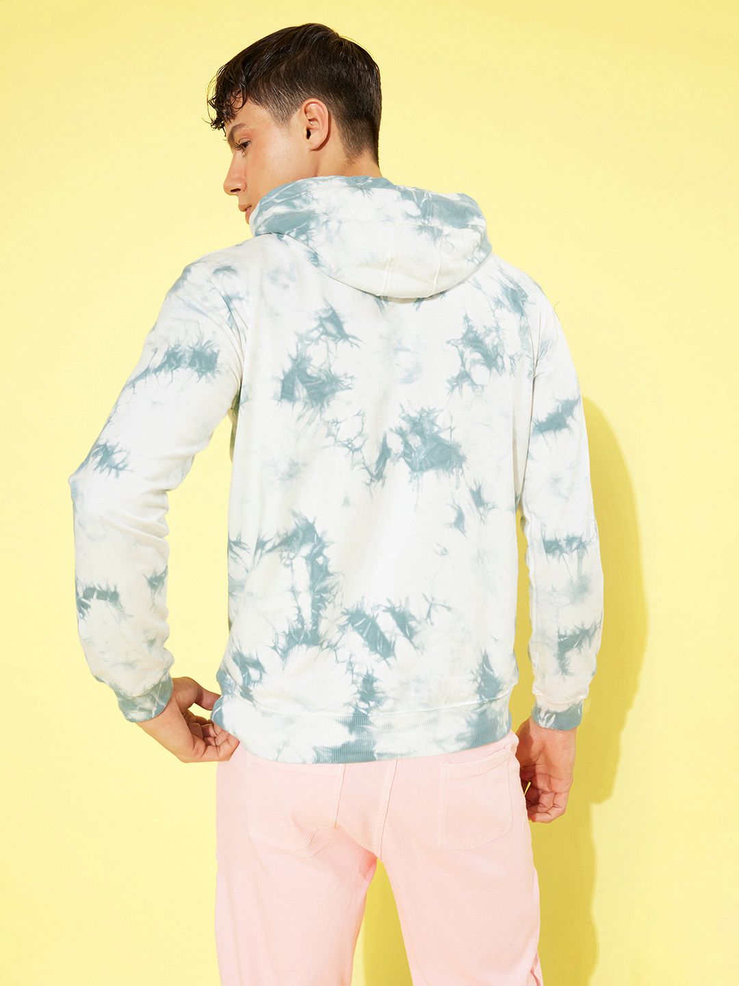  Mast & Harbour Men White & Blue Dyed Pure Cotton Printed Hooded Sweatshirt