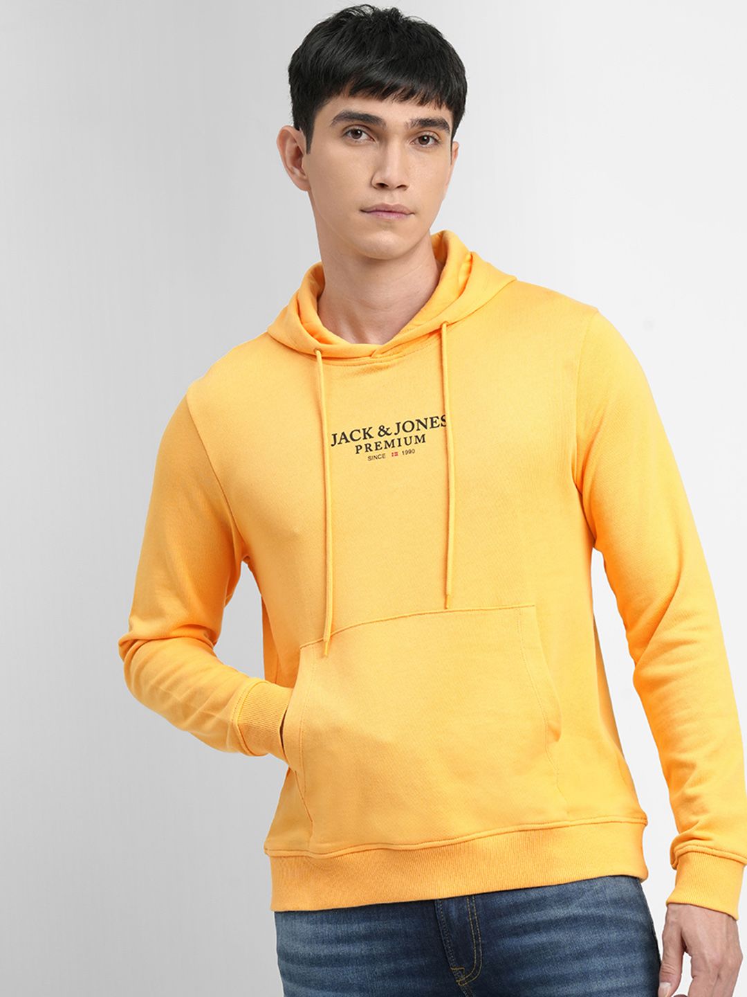  Jack & Jones Men Yellow Brand Logo Printed Hooded Sweatshirt