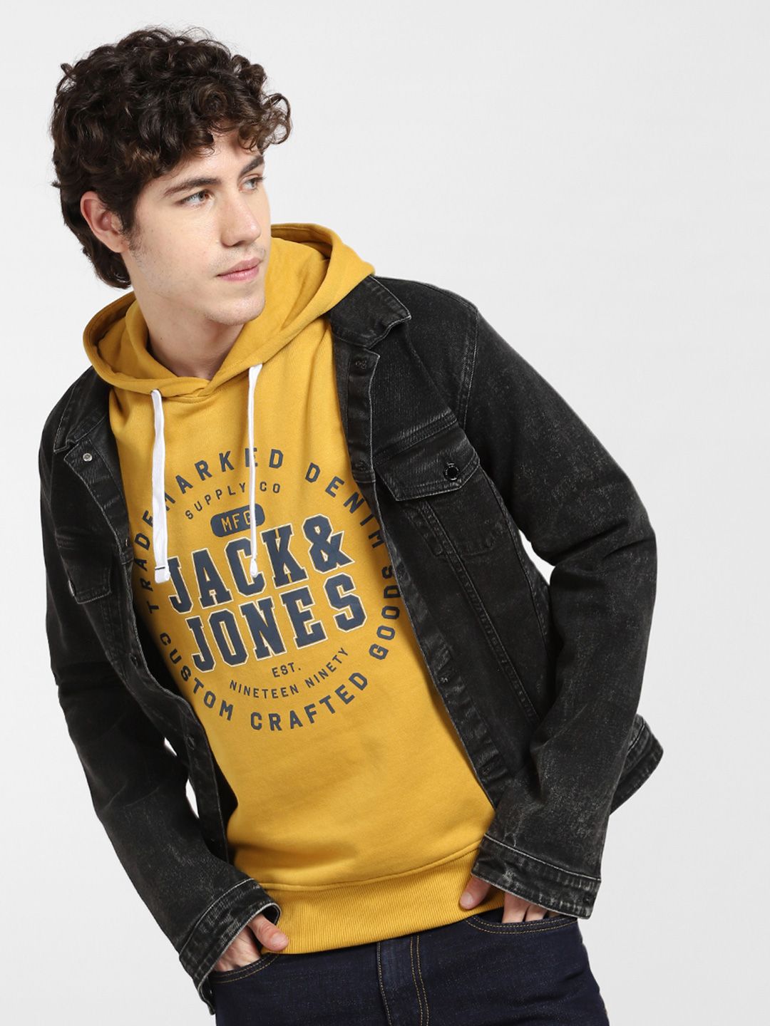  Jack & Jones Men Yellow Printed Hooded Sweatshirt