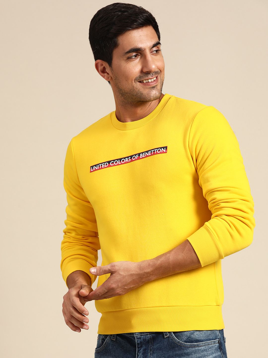  United Colors Of Benetton Men Yellow Brand Logo Print Sweatshirt