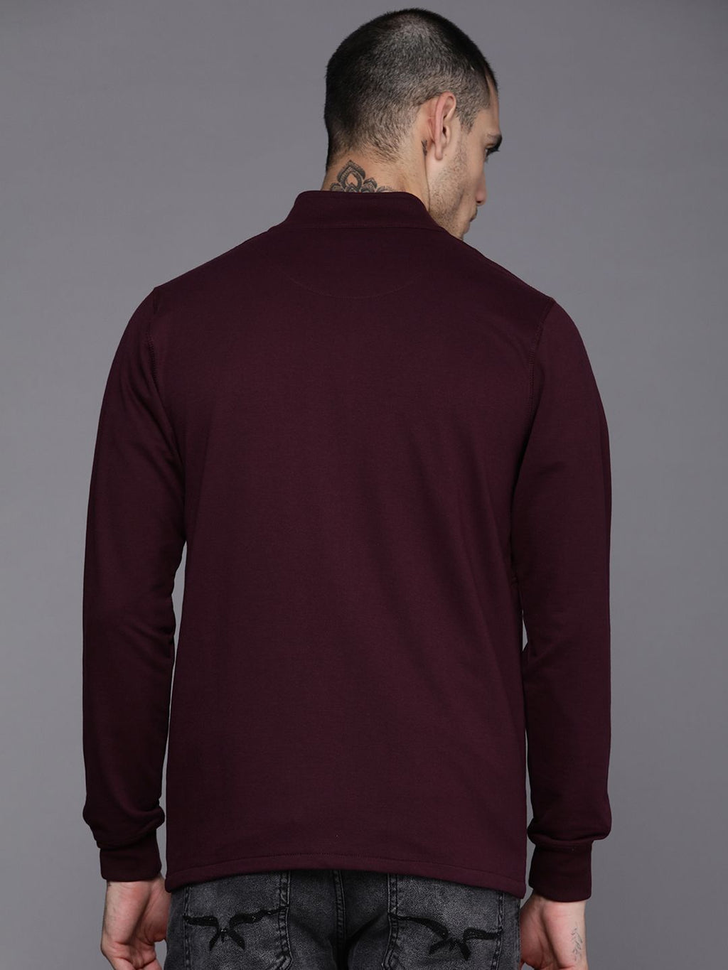  WROGN Men Maroon Applique Mock-Collar Front-Open Sweatshirt