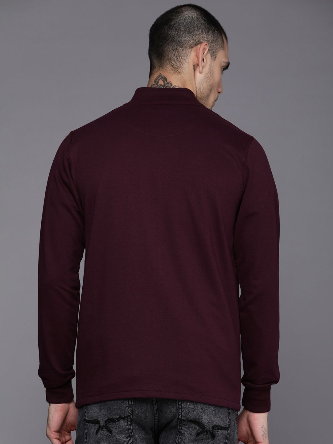  WROGN Men Maroon Applique Mock-Collar Front-Open Sweatshirt