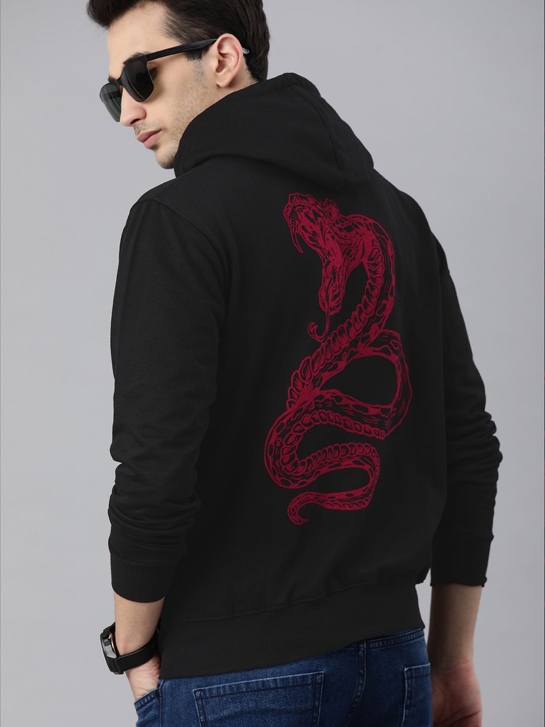  VILLAIN Men Black Printed Hooded Sweatshirt