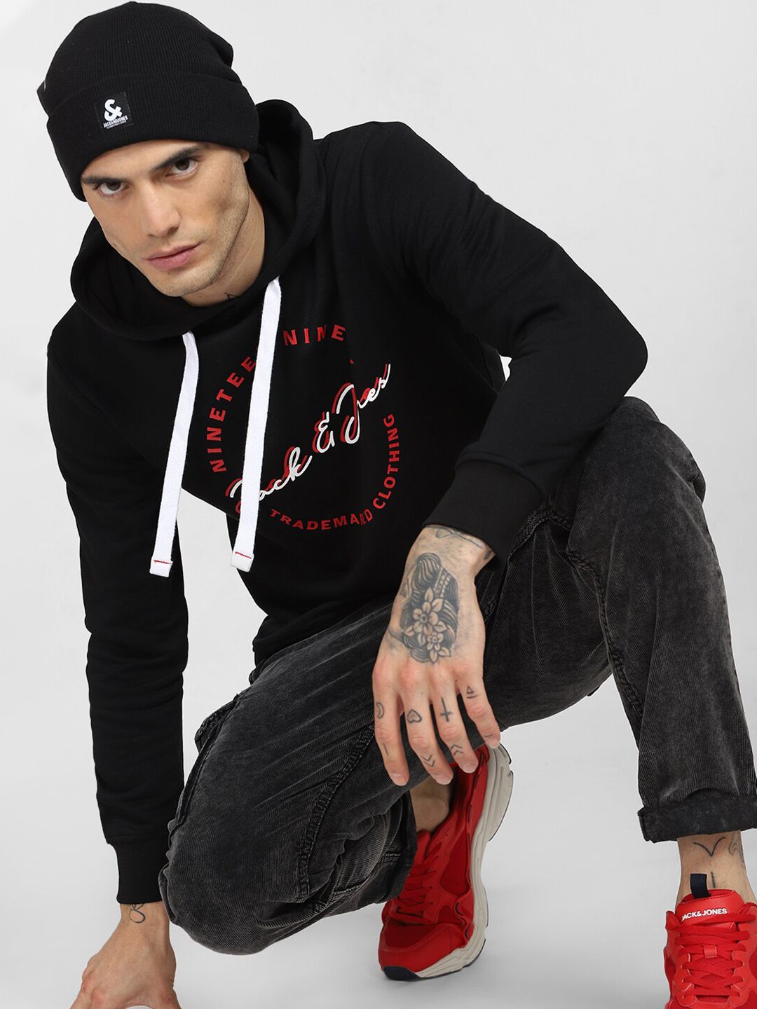  Jack & Jones Men Black Printed Hooded Sweatshirt