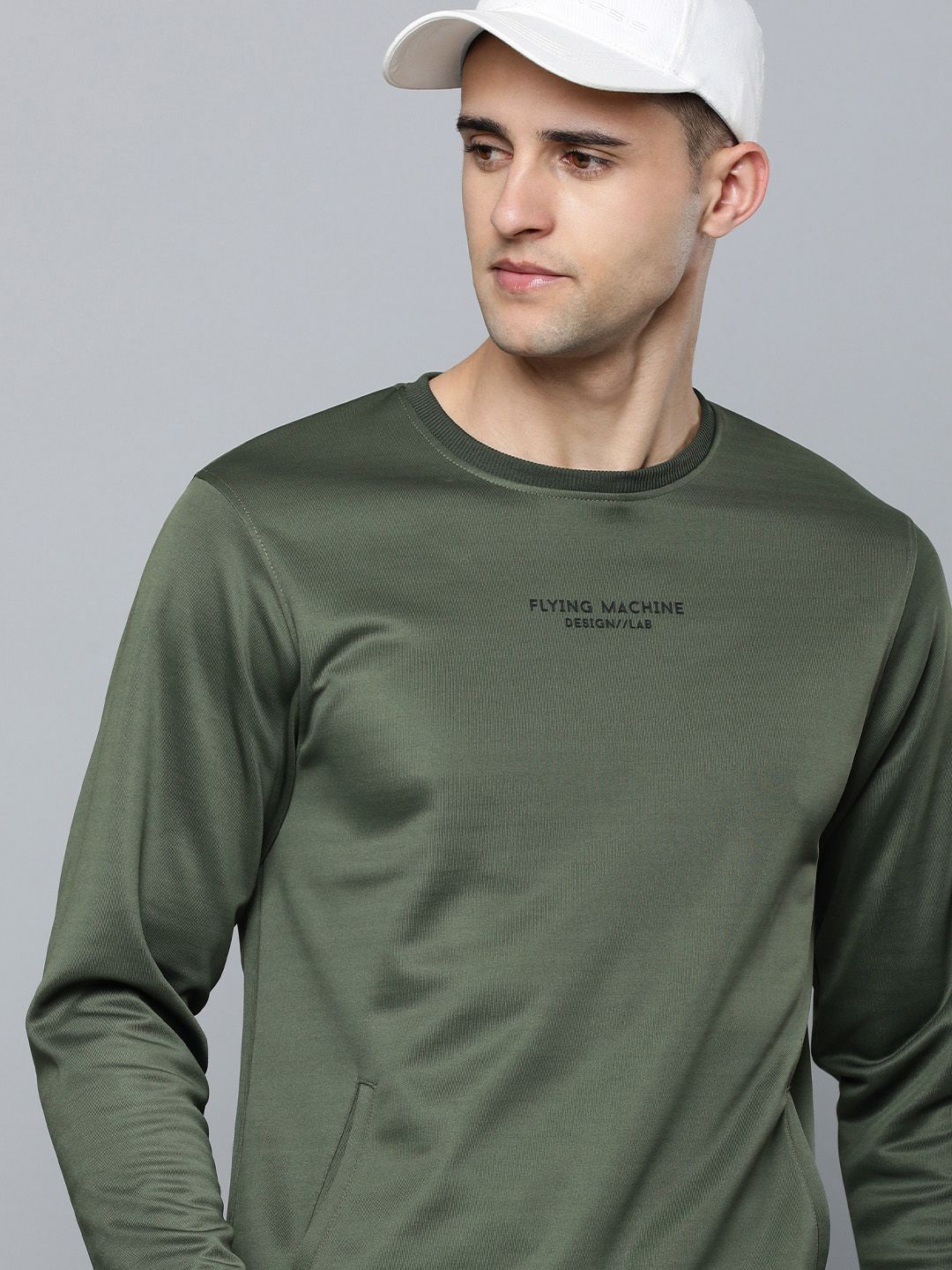  Flying Machine Men Green Solid Sweatshirt With Minimal Print Detail