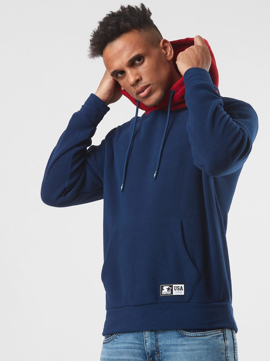  STARTER Men Navy Blue Cotton Hooded Sweatshirt