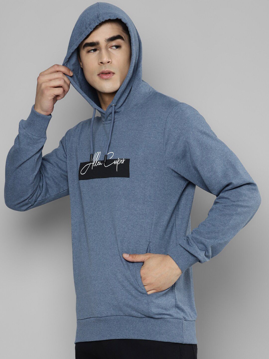  Allen Cooper Men Blue Printed Hooded Sweatshirt
