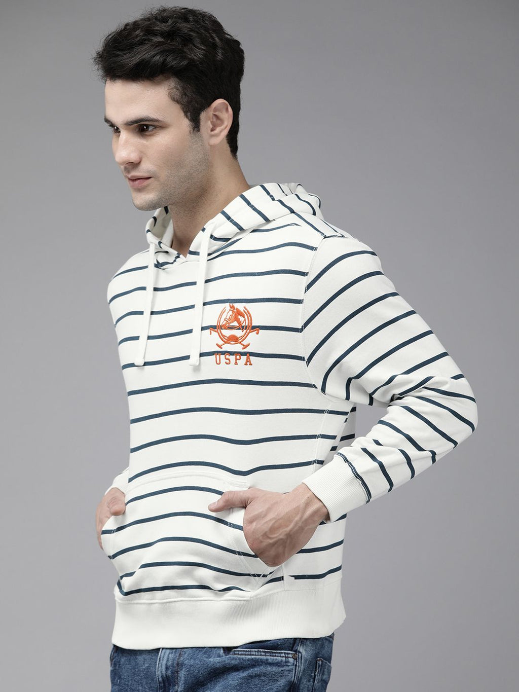 U.S. Polo Assn. U S Polo Assn Men White Striped Hooded Sweatshirt