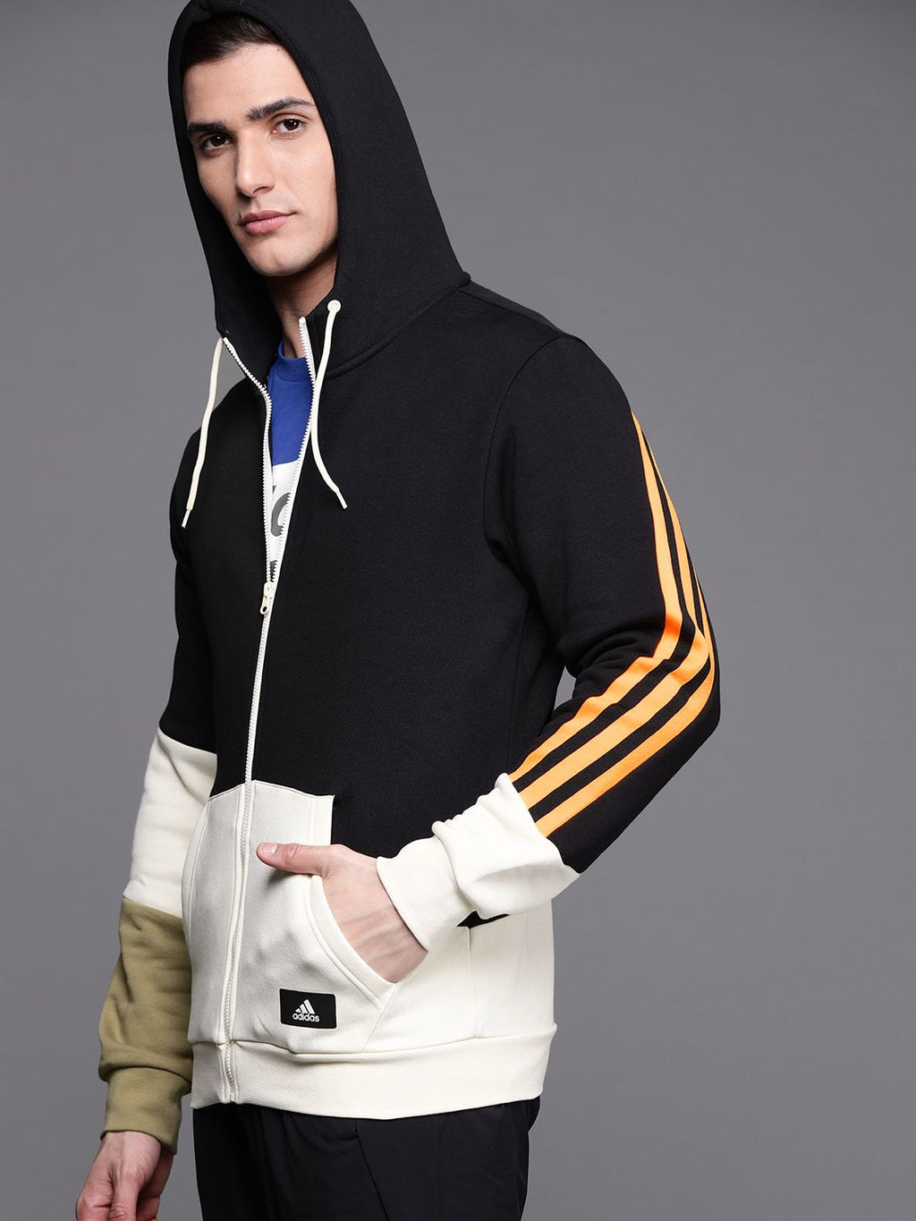  ADIDAS Men Black & Off-White FI Colourblocked FZ Hooded Training Sweatshirt