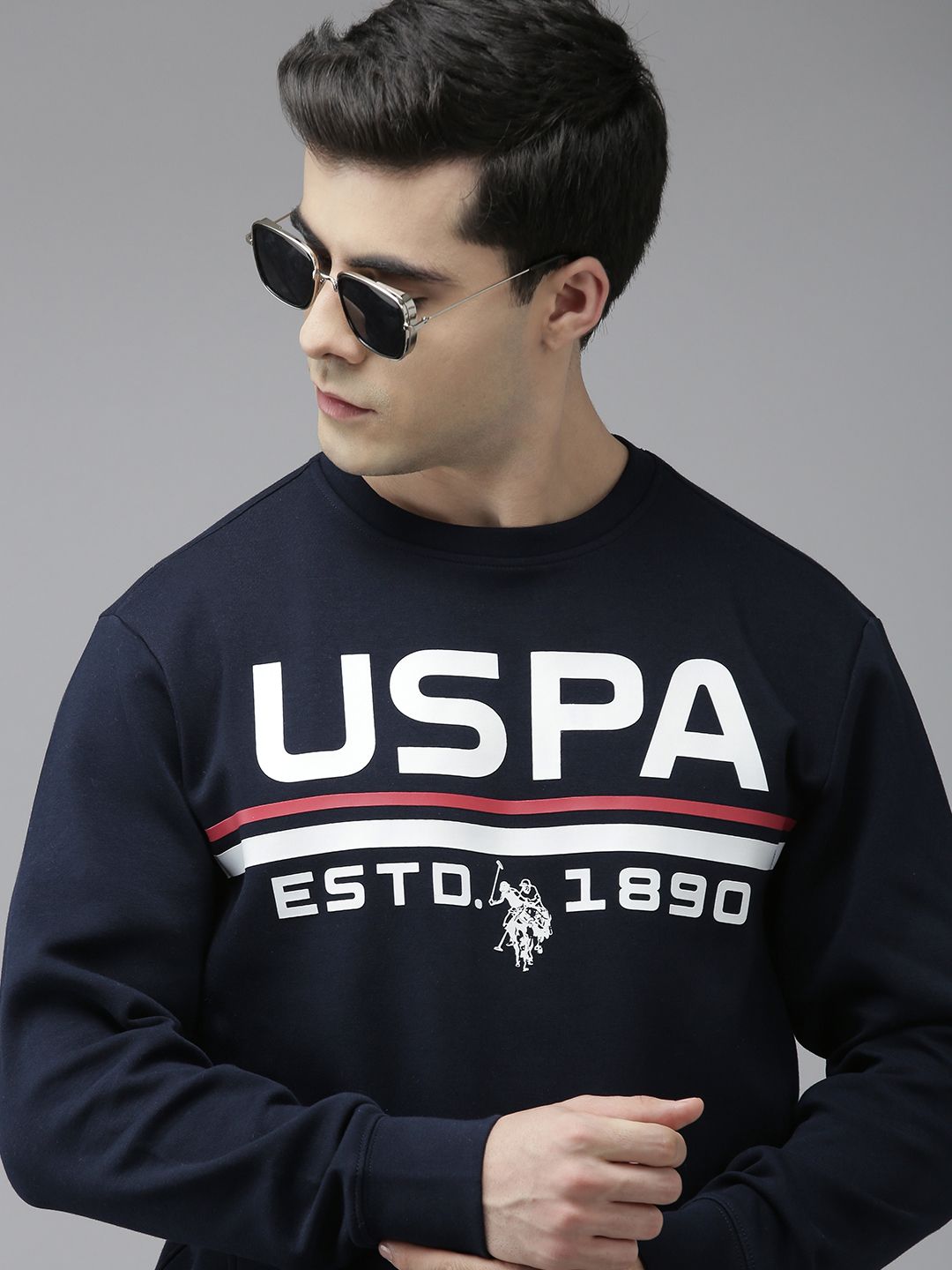 U.S. Polo Assn. U S Polo Assn Men Navy Blue Printed Round Neck Long Sleeves Sweatshirt