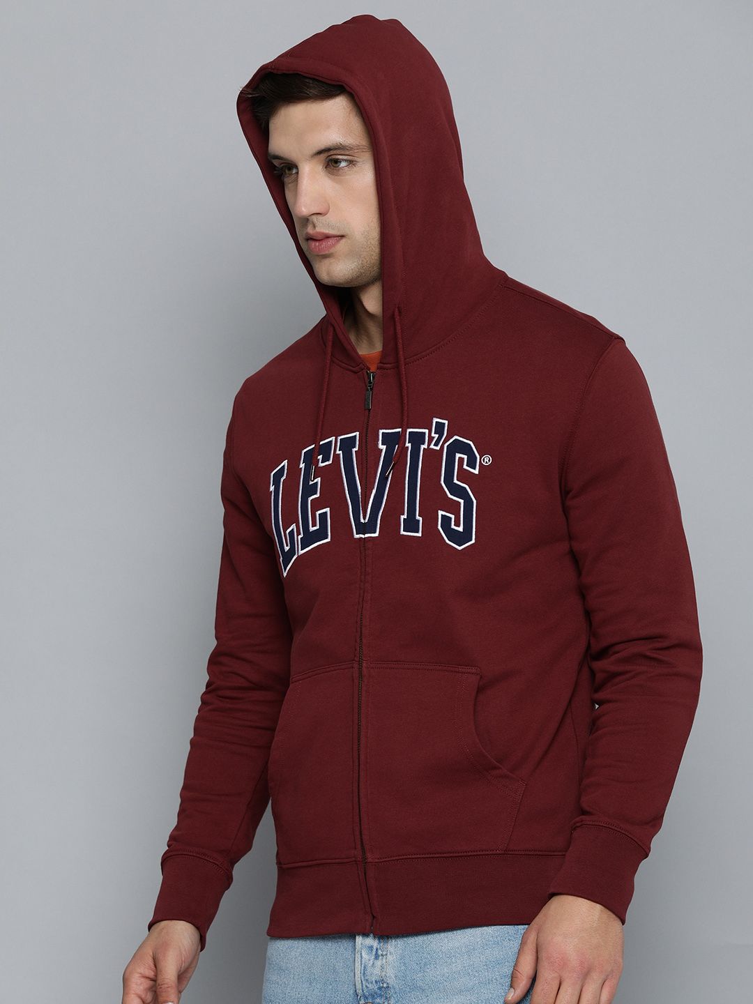  Levis Men Maroon Brand Logo Print Pure Cotton Hooded Sweatshirt