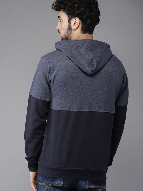  Campus Sutra Men Navy Blue Colourblocked Hooded Sweatshirt