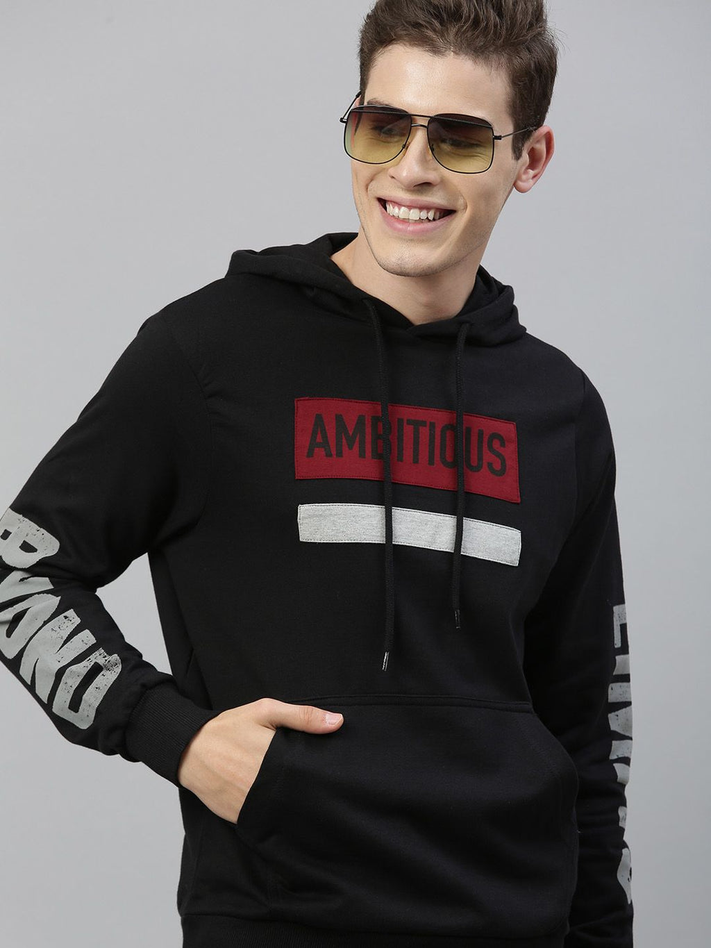  HERE&NOW Men Black & Red Printed Hooded Sweatshirt