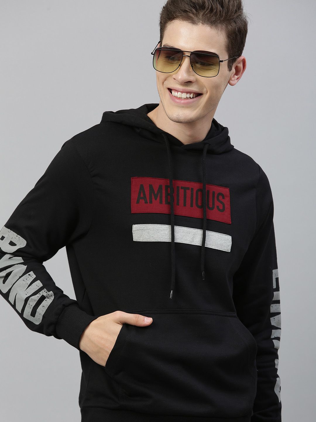  HERE&NOW Men Black & Red Printed Hooded Sweatshirt