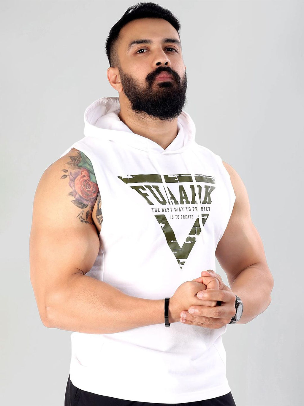  FUAARK Typography Printed Sleeveless Hooded Cotton Sweatshirt