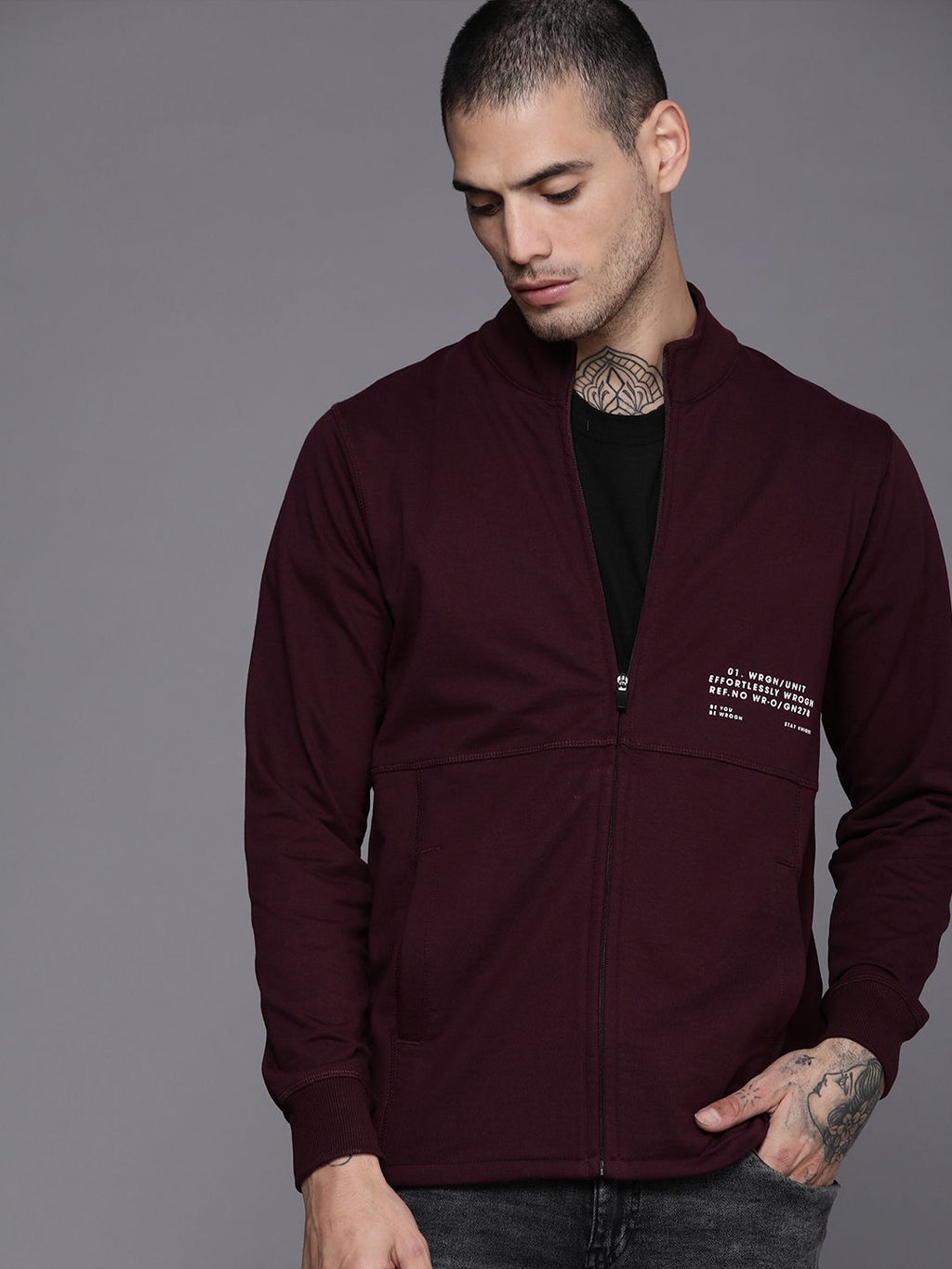  WROGN Men Maroon Applique Mock-Collar Front-Open Sweatshirt