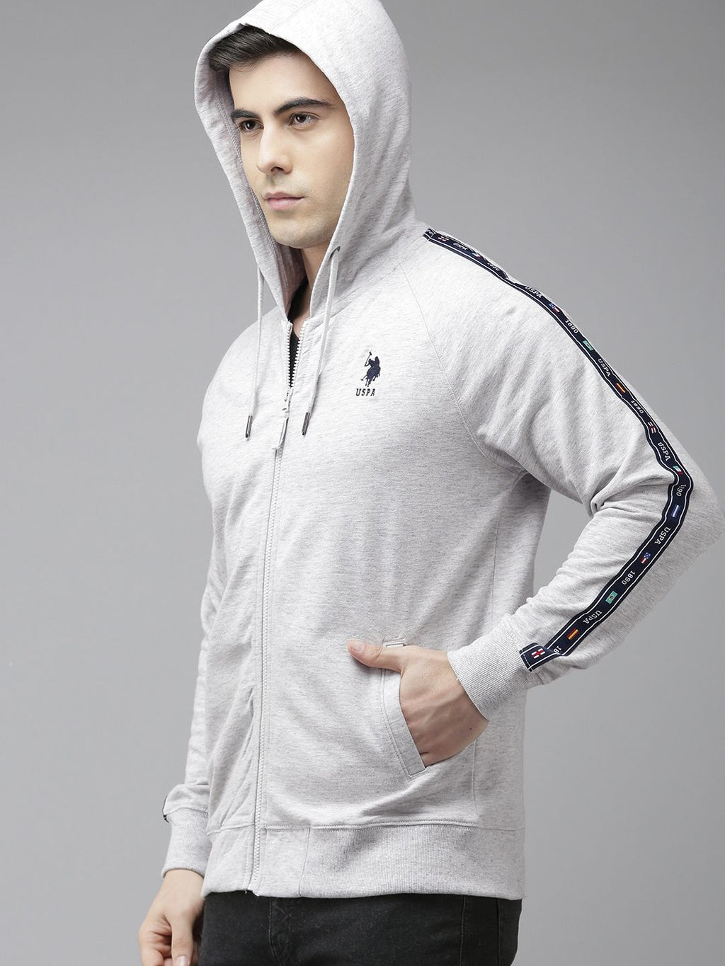 U.S. Polo Assn. U S Polo Assn Men Grey Long Sleeves Hooded Sweatshirt