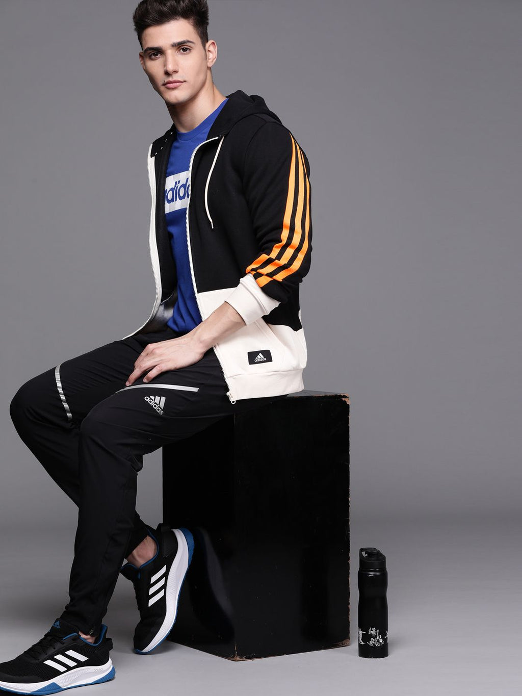  ADIDAS Men Black & Off-White FI Colourblocked FZ Hooded Training Sweatshirt