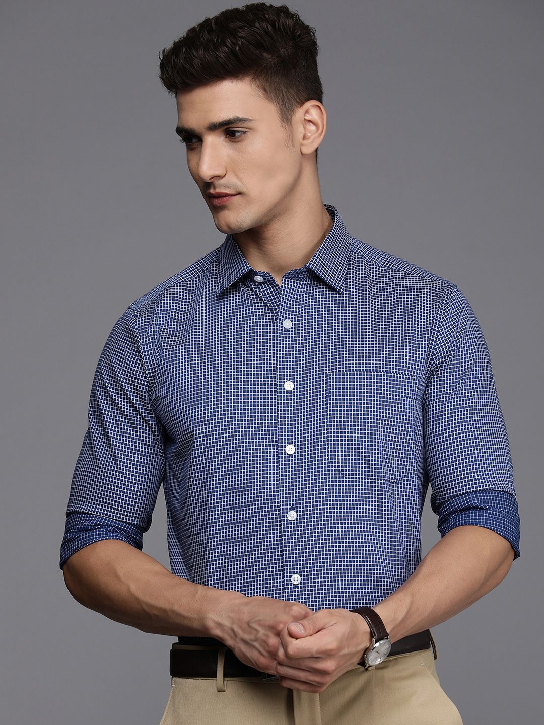  Louis Philippe Slim Fit Grid Tattersall Checked Pure Cotton Formal Shirt