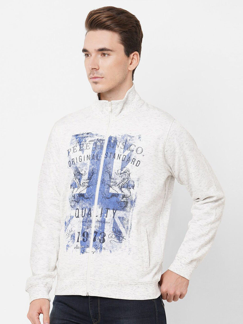  Pepe Jeans Men Grey Printed Zip Through Sweat Shirt